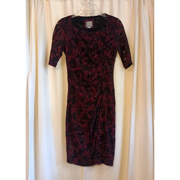 Maeve Anthropologie‎ Size 2 Red/Black Lace Overlay Dress Stretch Short Sleeve - Picture 1 of 7